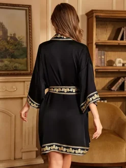 Home Wear 3/4 Length Sleeves Floral Print Oversized Chiffon Sash Casual Robe