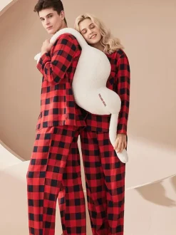 Home Wear 2-Piece Turndown Collar Long Sleeves Plaid Cotton Women WInter Warm Loungewear