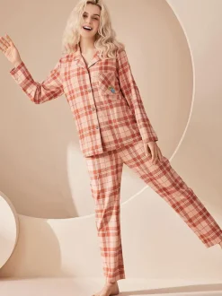 Home Wear 2-Piece Turndown Collar Long Sleeves Plaid Cotton Women WInter Warm Loungewear