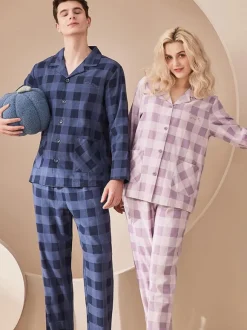 Home Wear 2-Piece Turndown Collar Long Sleeves Plaid Cotton Women WInter Warm Loungewear