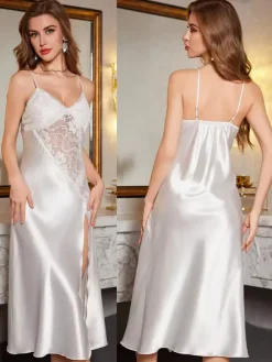 Home Wear Straps Neck Sleeveless High-slit Silk-like Sexy Lingerie Dress