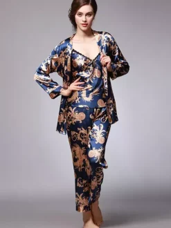 Home Wear Turndown Collar Long Sleeves Clothes Silk-like Outfit