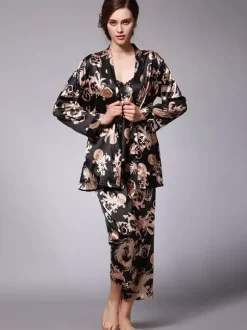 Home Wear Turndown Collar Long Sleeves Clothes Silk-like Outfit