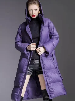 Hooded Down Coat Purple Long Puffer Winter Outerwear For Women
