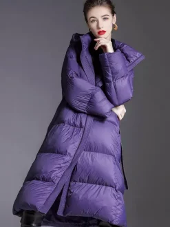 Hooded Down Coat Purple Long Puffer Winter Outerwear For Women