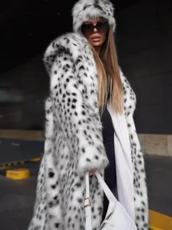 Hooded Faux Fur Coat Leopard Print Eco-friendly Winter Long Jacket 2026