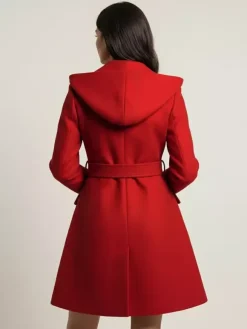 Hooded A-Line Midi Coat With Double-Breasted Design And Belt For Women 2026