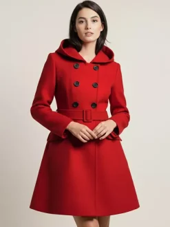 Hooded A-Line Midi Coat With Double-Breasted Design And Belt For Women 2026