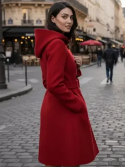 Hooded A-Line Midi Coat With Double-Breasted Design And Belt For Women 2026