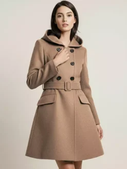 Hooded A-Line Midi Coat With Double-Breasted Design And Belt For Women 2026