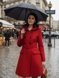 Hooded A-Line Midi Coat With Double-Breasted Design And Belt For Women 2026