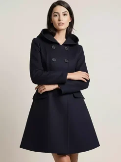 Hooded A-Line Midi Coat With Double-Breasted Design And Belt For Women 2026