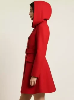 Hooded A-Line Midi Coat With Double-Breasted Design And Belt For Women 2026