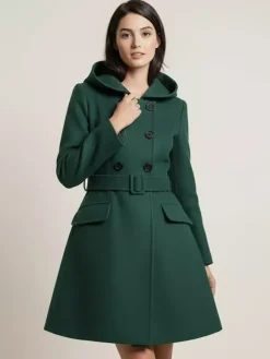 Hooded A-Line Midi Coat With Double-Breasted Design And Belt For Women 2026