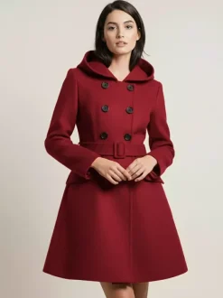 Hooded A-Line Midi Coat With Double-Breasted Design And Belt For Women 2026