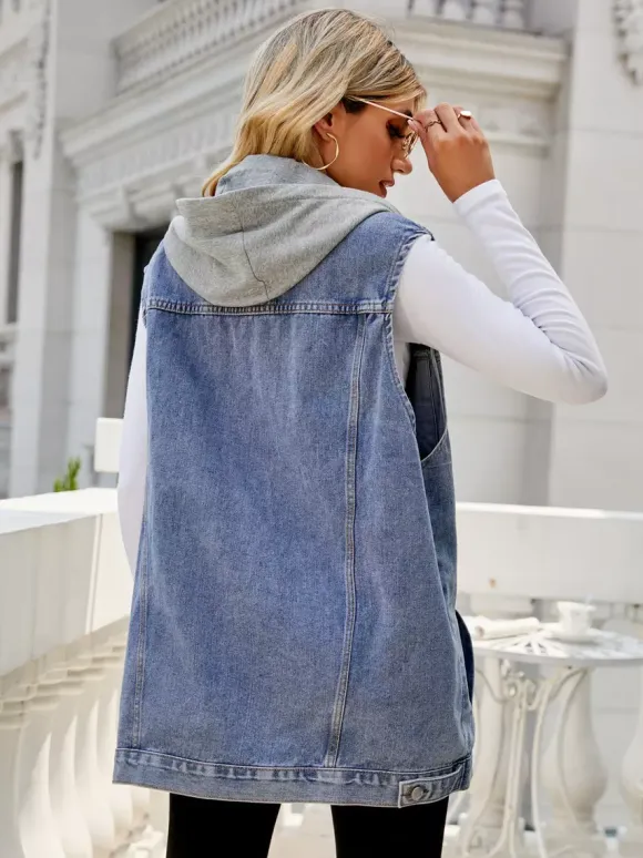 Hooded Denim Vest For Women - Oversized Longline Distressed Sleeveless Jean Jacket Coat - Spring Summer Streetwear 2026