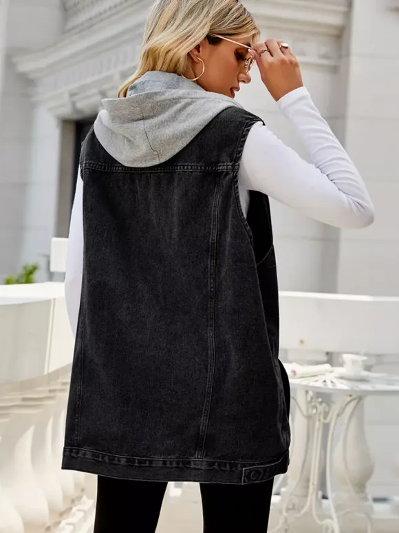 Hooded Denim Vest For Women - Oversized Longline Distressed Sleeveless Jean Jacket Coat - Spring Summer Streetwear 2026