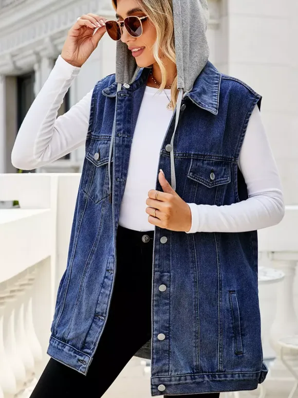 Hooded Denim Vest For Women - Oversized Longline Distressed Sleeveless Jean Jacket Coat - Spring Summer Streetwear 2026