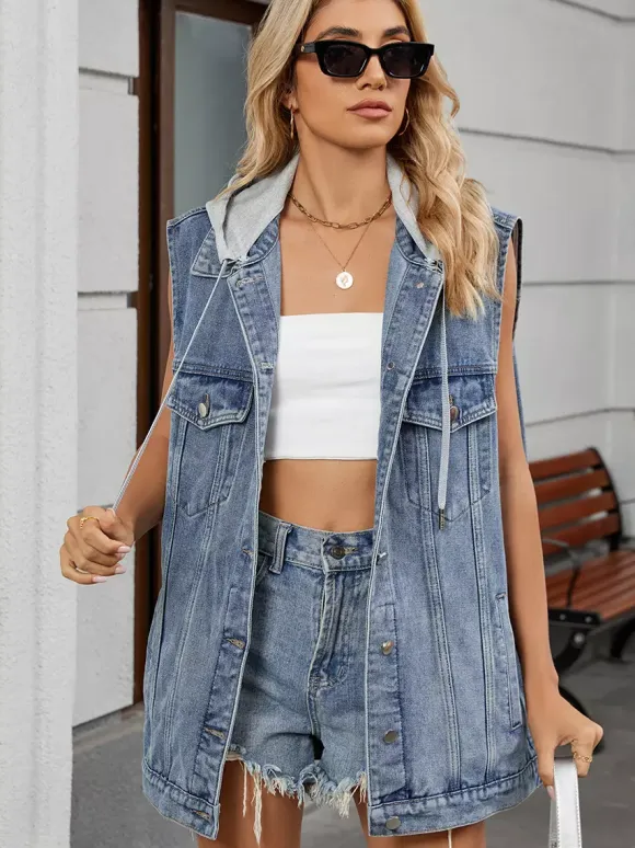 Hooded Denim Vest For Women - Oversized Longline Distressed Sleeveless Jean Jacket Coat - Spring Summer Streetwear 2026
