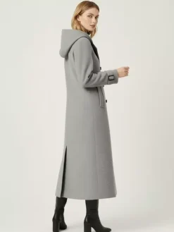 Hooded Double-Breasted Long Woolen Coat With Cuff Tabs For Women 2026