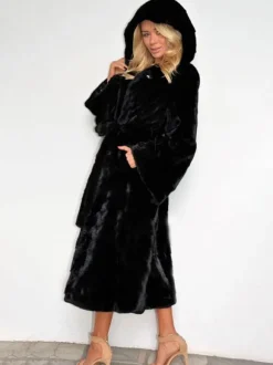 Hooded Faux Fur Coat Belted Winter Eco-friendly Fur Coat For Women 2026