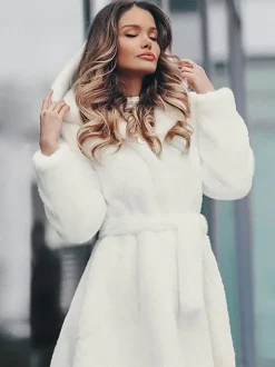 Hooded Faux Fur Coat Belted Winter Eco-friendly Fur Coat For Women 2026