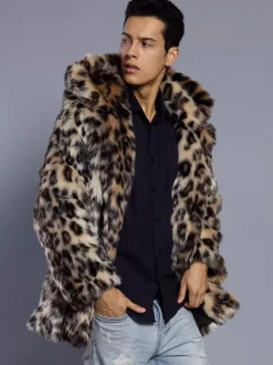 Hooded Men's Faux Fur Coat Dark Brown Long-Sleeved Jacket with Turn-Down Collar