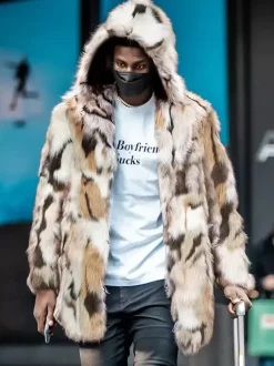 Hooded Men's Faux Fur Coat Long-Sleeved Jacket with Turn-Down Collar and Hood