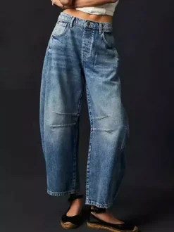 Horseshoe Barrel Jeans For Women - Baggy Wide Leg Washed Denim Trousers With Curved Seam - Spring Streetwear 2026