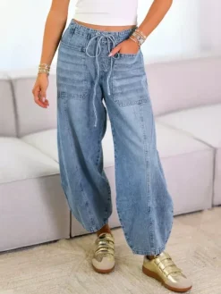 Horseshoe Barrel Washed Jeans For Women - Casual Tie Waist Seam Front Balloon Pants - Spring Streetwear 2026