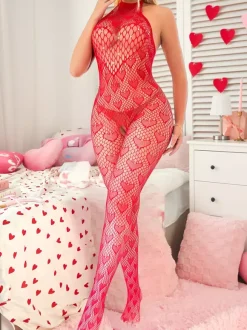 Hosiery Bodystockings Red Rhinestones Valentine's Day Red Heart Pattern Fishnet Halter Neck Full-Body Lingerie