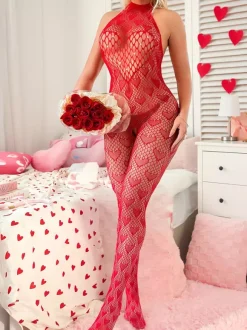 Hosiery Bodystockings Red Rhinestones Valentine's Day Red Heart Pattern Fishnet Halter Neck Full-Body Lingerie