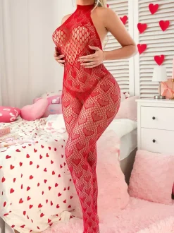 Hosiery Bodystockings Red Rhinestones Valentine's Day Red Heart Pattern Fishnet Halter Neck Full-Body Lingerie