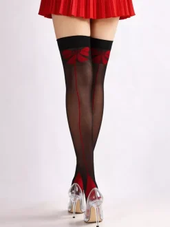 Hosiery Sexy Black Sheer Red Bow Thigh High Stockings