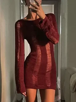 Hot Club Dress Boatneck Long Sleeves Open Back Club Mini Dresses In Burgundy