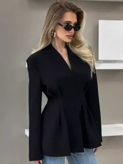 Hourglass Tailored Women's Black Blazer - Structured Shoulder Single-breasted Cinched Jacket - Corporate Core Casual Workwear Outer 2026