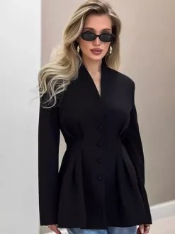 Hourglass Tailored Women's Black Blazer - Structured Shoulder Single-breasted Cinched Jacket - Corporate Core Casual Workwear Outer 2026
