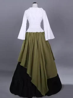 Hunter Green Retro Costumes Women's Color Block Pleated Ruffles Polyester Set Top Skirt Marie Antoinette Costume Retro Vintage Clothing