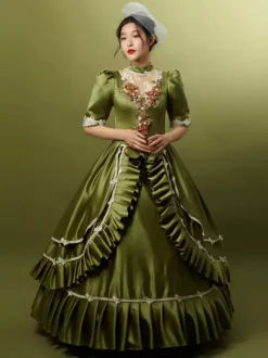 Hunter Green Retro Tudor Dress Costumes Ruffles Polyester Hat Women's Marie Antoinette Costume Retro Party Prom Dress