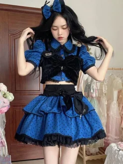 Idol clothes Lolita Outfits Blue Ruffles Polka Dot Short Sleeves Top Skirt Adjustable Elastic
