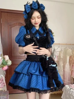 Idol clothes Lolita Outfits Blue Ruffles Polka Dot Short Sleeves Top Skirt Adjustable Elastic