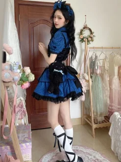 Idol clothes Lolita Outfits Blue Ruffles Polka Dot Short Sleeves Top Skirt Adjustable Elastic