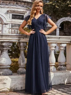 Ink Blue Evening Dress 2026 A-Line V-Neck Tulle Short Sleeves Backless Floor-Length Pageant Dresses Wedding Guest Dresses Free Customization