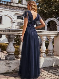 Ink Blue Evening Dress 2026 A-Line V-Neck Tulle Short Sleeves Backless Floor-Length Pageant Dresses Wedding Guest Dresses Free Customization