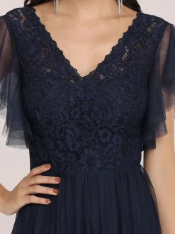 Ink Blue Evening Dress 2026 A-Line V-Neck Tulle Short Sleeves Backless Floor-Length Pageant Dresses Wedding Guest Dresses Free Customization