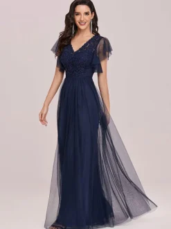 Ink Blue Evening Dress 2026 A-Line V-Neck Tulle Short Sleeves Backless Floor-Length Pageant Dresses Wedding Guest Dresses Free Customization