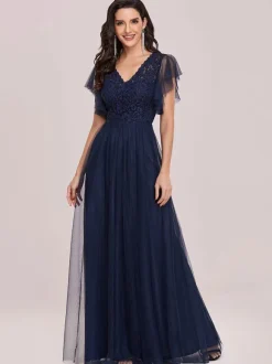 Ink Blue Evening Dress 2026 A-Line V-Neck Tulle Short Sleeves Backless Floor-Length Pageant Dresses Wedding Guest Dresses Free Customization