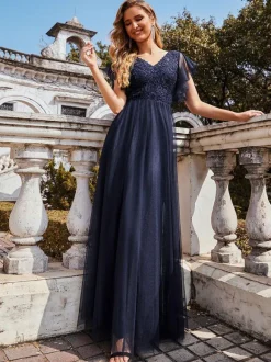 Ink Blue Evening Dress 2026 A-Line V-Neck Tulle Short Sleeves Backless Floor-Length Pageant Dresses Wedding Guest Dresses Free Customization