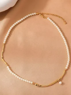 Irregular Twisted Gold Chain Tiny Pearl Pendant Choker Adjustable Extension Neck Jewelry