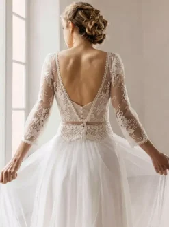 Ivory Boho Wedding Dress Lace A-Line With Train Long Sleeves V-Neck Bridal Dress Free Customization